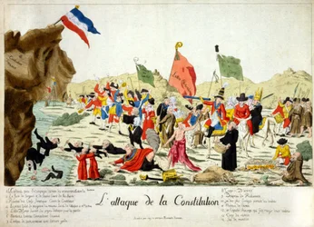 Karikatur zeigt Mitglieder verschiedener Gruppen, die einen Felsen angreifen, der als „Französische Verfassung“ identifiziert ist, auf dem die französische Flagge mit der Inschrift „Liberté“ ruht. Gruppen sind nummeriert und unten im Text identifiziert. 17