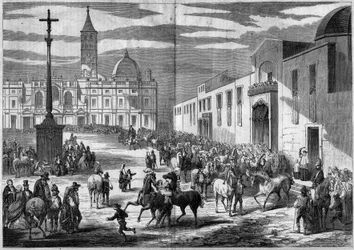 Katholisches Fest - Heiliger Antonius: Segnung der Pferde auf dem Platz der Kirche Santa Maria Maggiore, Rom, Italien, Januar 1859