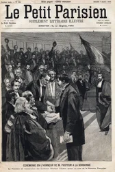 Zeremonie zu Ehren des Wissenschaftlers Louis Pasteur (1822-1895) an der Sorbonne zu seinem Geburtstag. In der Zeitung „Le Petit Parisien“ am 08.01.1893 (Gravur)