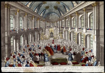 Zeremonie des Brautsegen in der Kapelle von Versailles am 16. Mai 1770 durch Louis Auguste, Dauphin von Frankreich (Louis XVI), und Marie Antoinette von Österreich - Gravur
