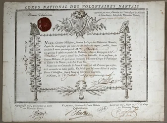 Zertifikat der Aufnahme in die Nationalgarde der Freiwilligen von Nantes, 1789