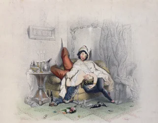 Champagner & Liebe, ein verliebtes Paar schläft nach der sechsten Flasche Champagner ein, graviert von Bettannier Frères, Paris, 1852