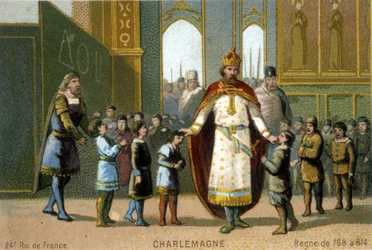 Karl der Große besucht eine Schule - Chromolithographie des 19. Jahrhunderts