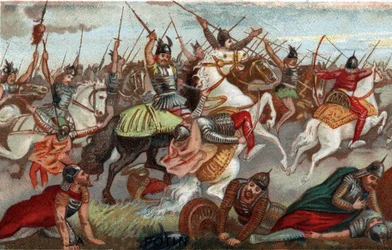 Karl Martell stoppt die Muslime in der Schlacht von Poitiers im Jahr 732. Chromolithographie des 19. Jahrhunderts.