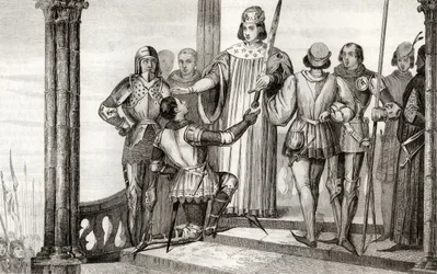Karl V. (1358-80) der Weise überreicht sein Schwert an Duguesdin, aus 