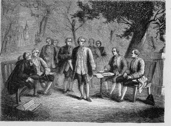 Charles de Secondat Montesquieu mit dem wissenschaftlichen Zirkel im Schloss Clairac, Frankreich - Le cenacle scientifique du chateau de Clairac: Montesquieu et le baron de Secondat, son, le chevalier de Vivens, Romas et les frères Dutilh - in „Album der W