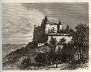 Schloss Mercues - Cahors - Gravur in „La France illustrée: géographie, histoire, administration statistique“ von V.-A. Malt-Brown. 1884.