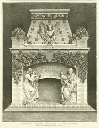 Keramikkamin ausgestellt von der Firma Loebnitz, Zeichnung von M. Sedille, Figur von M. Aller (Gravur)