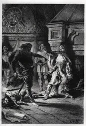 Childebert I. (um 498-558) bei der Ermordung der Erben seiner Brüder im Jahr 526 - Childebert I. lässt Chlothar (Clotaire) die Kinder ihres Bruders Chlodomer, König von Orléans, massakrieren, dessen Herrschaftsgebiete sie unter sich aufteilen, 526 - Stich
