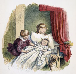 Kinder spielen mit einer Puppe in „Schnik, schnak, Kleinigkeiten für die Kleinen“, Kinderspiele. Hrsg. London- Georges Ronthedge und Söhne. New York, The broad way Ludgate n.d. ca. 1890.