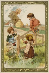 Kinder spielen auf einer Wippe (Chromolithografie)