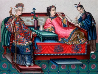 Chinesische Adelsfrauen rauchen Opium - in „Das historische Kostüm“ von Racinet