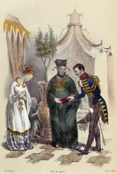 Chinesen besuchen einen ausländischen Militärangehörigen; Illustration zu China in „Die zwölf Nationen“ von M. E. Fouinet
