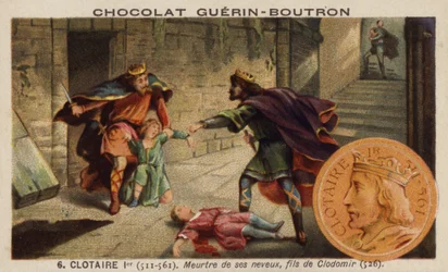 Chlothar I. und der Mord an seinen Neffen, den Söhnen von König Clodomir, 526 (Chromolithografie)