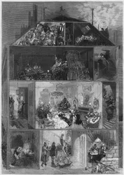 Heiligabend: Querschnitt eines Pariser Gebäudes, das verschiedene Arten zeigt, Silvester zu feiern. Gravur in „Le Monde Illustré“ Nr. 810 vom 19. Oktober 1872
