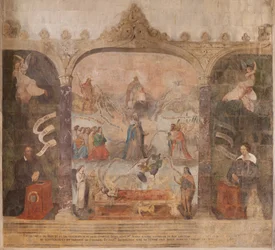 Kirche (Eglise Saint-Jean-Baptiste). Innenraum. Kapelle Saint-Fursy. Wandmalereien. Die Verherrlichung Mariens (Fresko genannt der gute Tod). Anfang 17. Jahrhundert.