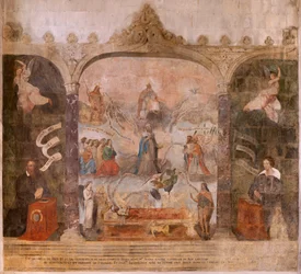 Kirche (Eglise Saint-Jean-Baptiste). Innenraum. Kapelle Saint-Fursy. Wandmalereien. Die Verherrlichung Marias (Fresko genannt der gute Tod). Anfang 17. Jahrhundert.