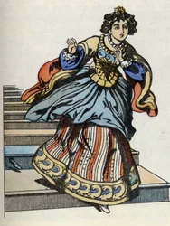 Aschenputtel flieht vom Ball und verliert ihren Glasschuh. Illustration aus Charles Perraults Märchen „Aschenputtel oder Der kleine Glasschuh“