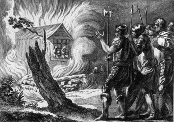 Chlothar I. (497-561), König der Franken, ließ seinen Sohn Chramne in einer Hütte verbrennen, der sich gegen ihn und seine Familie aufgelehnt hatte. Um 560. Gravur des 18. Jahrhunderts.