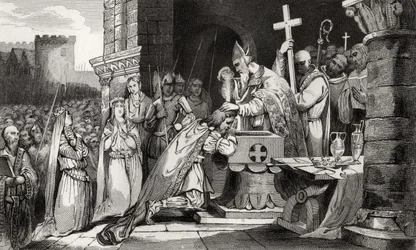 Chlodwig I. (465-511) wird mit Männern aus seiner Armee vor der Schlacht von Tolbiac getauft, aus 