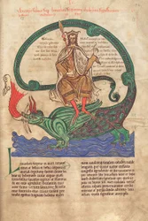 Cod. Guelf. 1 Gud. lat. 42r, der auf Leviathan reitende Antichrist, aus dem Liber Floridus von Lambert de Saint-Omer, ca. 1120