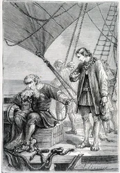 Kolumbus als Bösewicht gefesselt (auf dem Schiffsdeck), Illustration Entdeckung der Erde von Jules Verne, ed. Hetzel, 19. Jahrhundert
