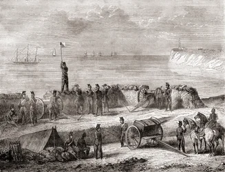 Kommunikation zwischen einem Schiff, das in den Hafen einläuft, und den gelandeten Truppen mit dem Flaggensemaphor-Telegraphiesystem, aus Les Merveilles de la Science, veröffentlicht um 1870