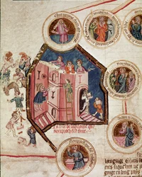Baustelle des Turms von Babel in Babylon. Seite aus dem Manuskript Genealogie der Bibel der französischen Schule. 14. Jahrhundert. Cremona, Biblioteca Governativa