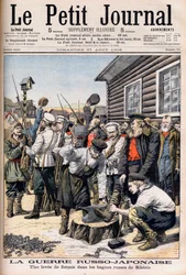 Sträflinge in Sibirien werden zum Kampf im Russisch-Japanischen Krieg eingezogen. Russisch-Japanischer Krieg. Ein Aufstand von Sträflingen in den russischen Straflagern von Sibirien. Illustration für Le petit Journal, 27. August 1905.