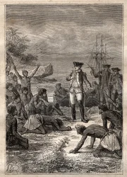Empfang von Cook durch die Eingeborenen - Dritte Reise von James Cook - Cook wird von den Eingeborenen begrüßt - Dritte Reise von James Cook im Pazifischen Ozean - Illustration aus „Die großen Seefahrer des 18. Jahrhunderts“ von Jules Verne
