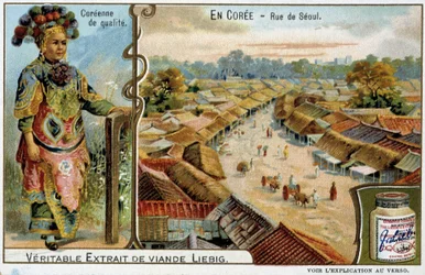 Korea: Straße in Seoul und Frauenkostüm - Chromolithografie Liébig, ca. 1900