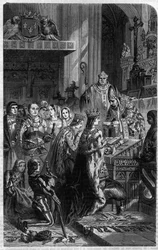 Krönung von Kaiser Otto I. (912-973) durch Papst Johannes XII. im Jahr 962 Gravur in „Histoire des Papes-King-Queen-and-Empereurs à travers les siècles“ von Maurice Lachatre