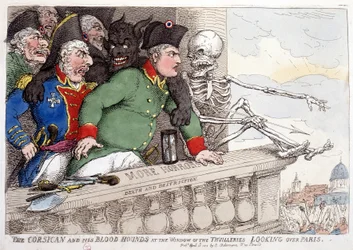 Korsika und seine blutrünstigen Blicke auf Paris durch das Fenster der Tuilerien - in „Napoleon I“, Karikaturen, Dummysammlung, ca. 1814-1815