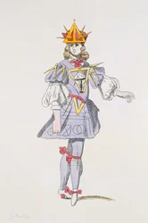 Kostümentwurf für Geometrie in einem höfischen Ballett des 17. Jahrhunderts, aus der Menus Plaisirs Sammlung, Faksimile von A. Guillaumot Fils (Farbstich)