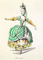 Kostümentwurf für Phrygienne, in Dardanus, einem Libretto von Leclerc de Labruere, komponiert von Jean-Philippe Rameau, Faksimile von A. Guillaumot Fils (Farbstich)