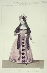 Kostüm für Mademoiselle Dorus in der Rolle der Donna Elvira in Don Giovanni, graviert von Maleuvre, gedruckt von Hautecoeur-Martinet
