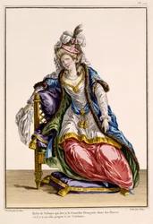 Kostüm für die Frau des Sultans in La Comedie Francaise, Druck von Patus (handkolorierter Stich)