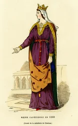 Kostüm einer kapetischen Königin im Jahr 1360, mit einer goldenen Krone, auf einem leichten Schleier, der ihre glatte Frisur teilweise verbirgt, trägt einen offenen Chlamys (Mantel) auf der Brust, befestigt durch eine goldene Kettenfibel, das sehr lange Ge