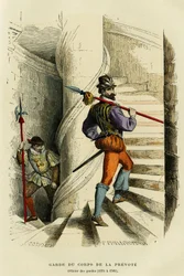 Kostüm des Leibwächters des Prévôt, gefolgt von einem Offizier der Wachen (1574 bis 1589). Farbgravur, in „Frankreich und die Franzosen durch die Jahrhunderte“ von Augustin Challamel, F. Roy Herausgeber, Paris 1882. Sammlung Selva.