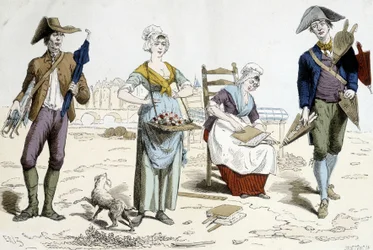 Kostüme von Paris durch die Jahrhunderte. Illustration der Kleidung des 18. Jahrhunderts: Händler von Regenschirmen, Blumen, Matratzenkarton und Blasebalghändler.