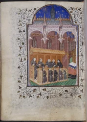 Cott. Dom. A XVII, fol. 122v, schwarz gekleidete Brüder beim Chorgesang, aus dem Psalter Heinrichs VI., Paris, um 1420