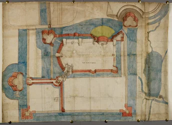 Cotton Augustus I ii 52, Ein farbiger Plan von Guînes Castle um 1540