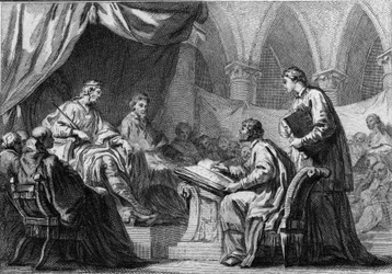 Konzil von Orléans, 511: Chlodwig I. (466-511), König der Franken, nimmt an dem Konzil teil, das die Zusammenarbeit zwischen den Königen Frankreichs und der katholischen Kirche begründete. Kupferstich aus dem 18. Jahrhundert.