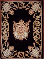 Einband einer der zwölf Originalausgaben des „Code civil des français“ verkündet von Napoleon Bonaparte am 21.03.1804. Es ist in Samt mit Gold- und Silberstickerei mit dem Emblem der Gerechtigkeit und den Waffen des Kaisers gebunden. Französisches Zivilges