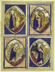 Schöpfung des Firmaments, Schöpfung der Sonne und des Mondes, Schöpfung der Tiere, Schöpfung der Vögel, spätes 13. Jahrhundert