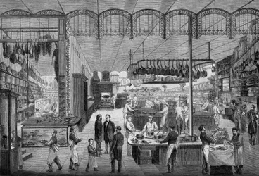Köche und Kellner bei der Arbeit in den Küchen des Café Riche in Paris, 1866. Gravur in 