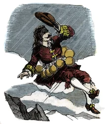Cyrano de Bergerac steigt dank Fläschchen mit Tau in den Himmel und reist zum Mond, Illustration des Romans von Hercules Savinien Cyrano de Bergerac (1619-1655): „Die andere Welt“