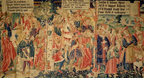 Daniel verhört die Ältesten, die Ältesten werden zur Hinrichtung geführt und Susanna weint auf dem Weg zu ihrem Prozess, rechte Tafel aus der Geschichte von Susanna