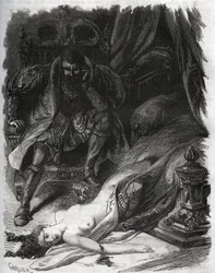 Tod von Françoise de Foix, Gräfin von Châteaubriant (ca. 1495-1537), ermordet von ihrem Ehemann Jean de Laval Comte de Châteaubriant (Laval-Châteaubriant) (1486-1543), der sich so an den Untreuen seiner Frau rächte. Gravur von 1871 in „Histoire Des Cocus C