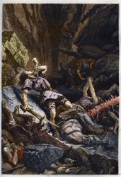 Tod des Ritters Roland, Neffe von Karl dem Großen, in der Schlacht von Roncevaux (778), die die Armee von Karl dem Großen und die Sarazenen gegeneinander stellte - Tod von Roland in der Schlacht am Roncevaux-Pass, 778 - Gravur aus „L